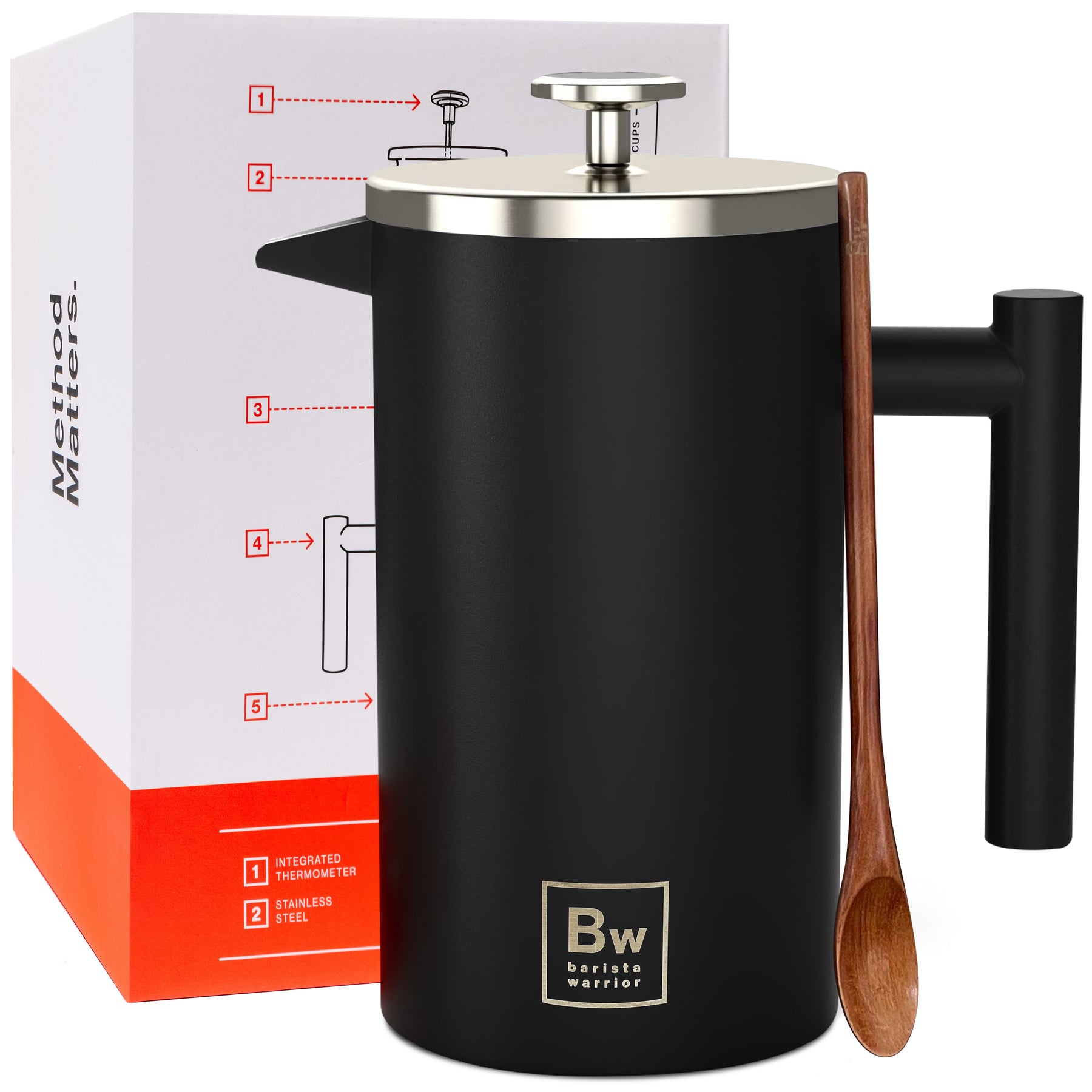 French Press with Thermometer - Steel Barista Maker – Stainless Warrior Coffee